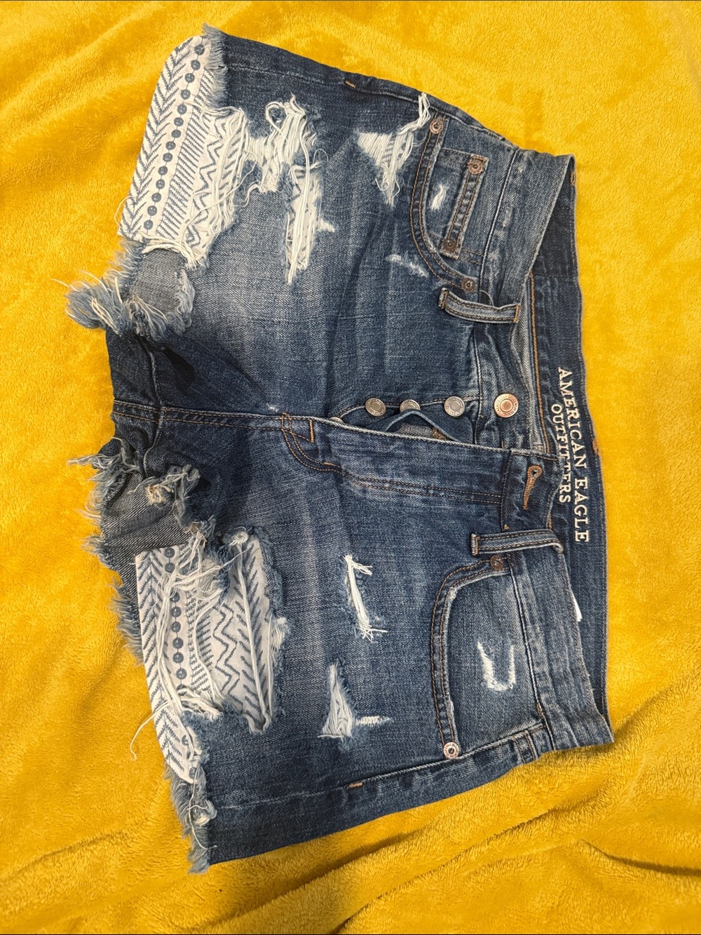 American Eagle Outfitters Distressed Dark Blue Denim Patch Shorts